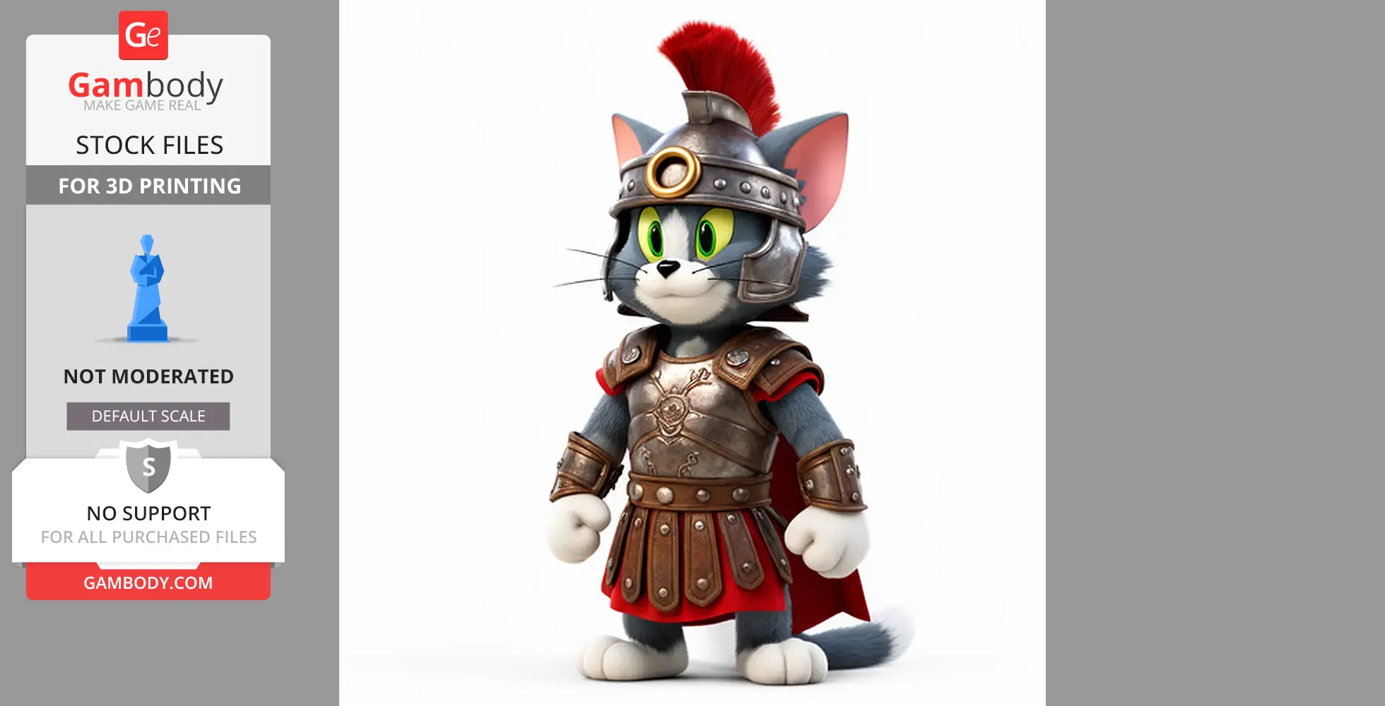 A cartoon cat dressed as a gladiator in detailed armor with a red plume helmet.