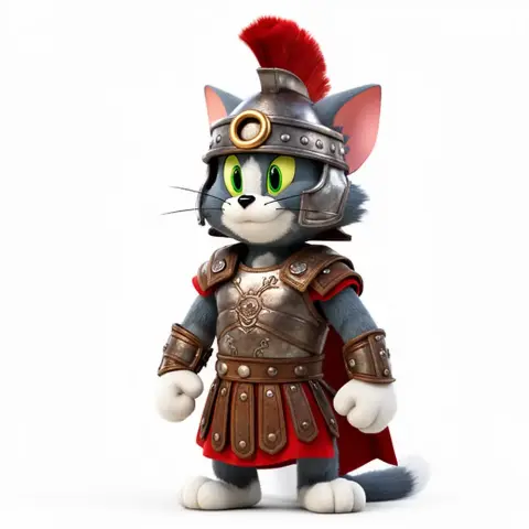 A cartoon cat dressed as a gladiator with armor and helmet, standing confidently.