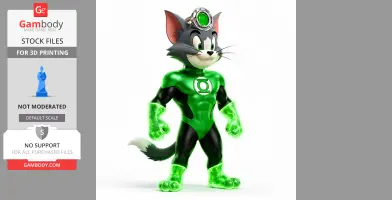 A cartoon cat in a Green Lantern costume, wearing a glowing ring on its head and translucent green accessories.