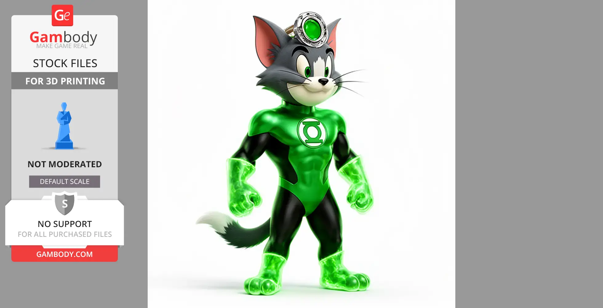 A cartoon cat in a Green Lantern costume, wearing a glowing ring on its head and translucent green accessories.