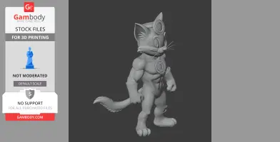 A muscular cartoon cat in a superhero suit, wearing a ring and having a symbol on the chest and head.