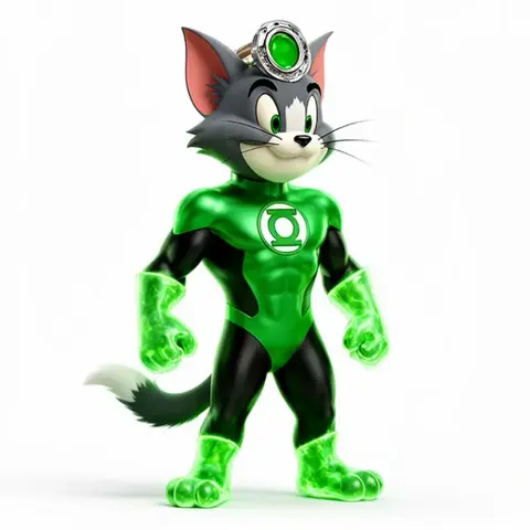 Cartoon cat in a Green Lantern suit, standing confidently with a glowing ring on the forehead.