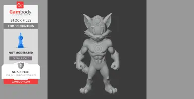Anthropomorphic cat figure in Green Lantern attire, ready for 3D printing.