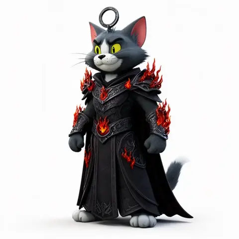 A cartoon cat in fiery, dark armor with red flame details, standing confidently.