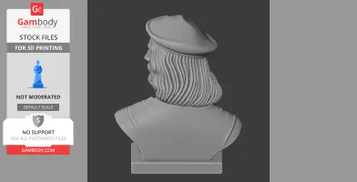 3D bust of a historical warrior with long, wavy hair, and a beret-style hat, viewed from the back.