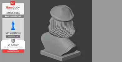 Gray 3D-printed bust of a bearded figure wearing a flat cap, viewed from the back.