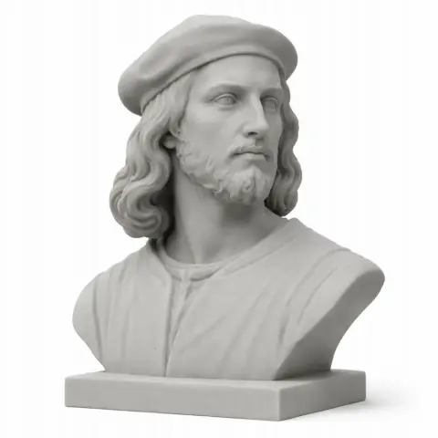 Bust of a bearded man with a beret, wearing robes, on a pedestal.
