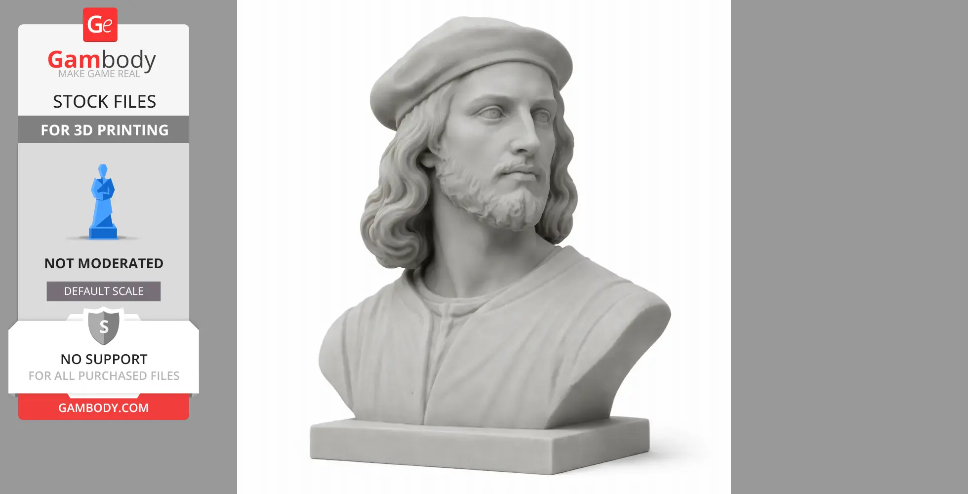 A 3D printed bust of a historical warrior wearing a beret, with detailed facial features and long hair.