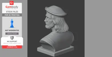 3D printable bust of a historical warrior with long hair and a hat, viewed from the side.