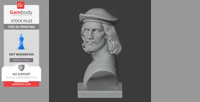 Bust of a historical warrior with long hair and a beard, wearing a cap.