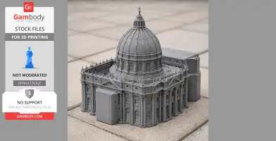 A detailed 3D-printed model of St. Peter's Basilica with its iconic dome, displayed on a tiled surface.