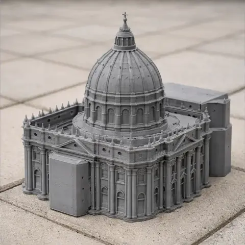 3D printed model of St. Peter's Basilica with detailed architecture on a tiled surface.