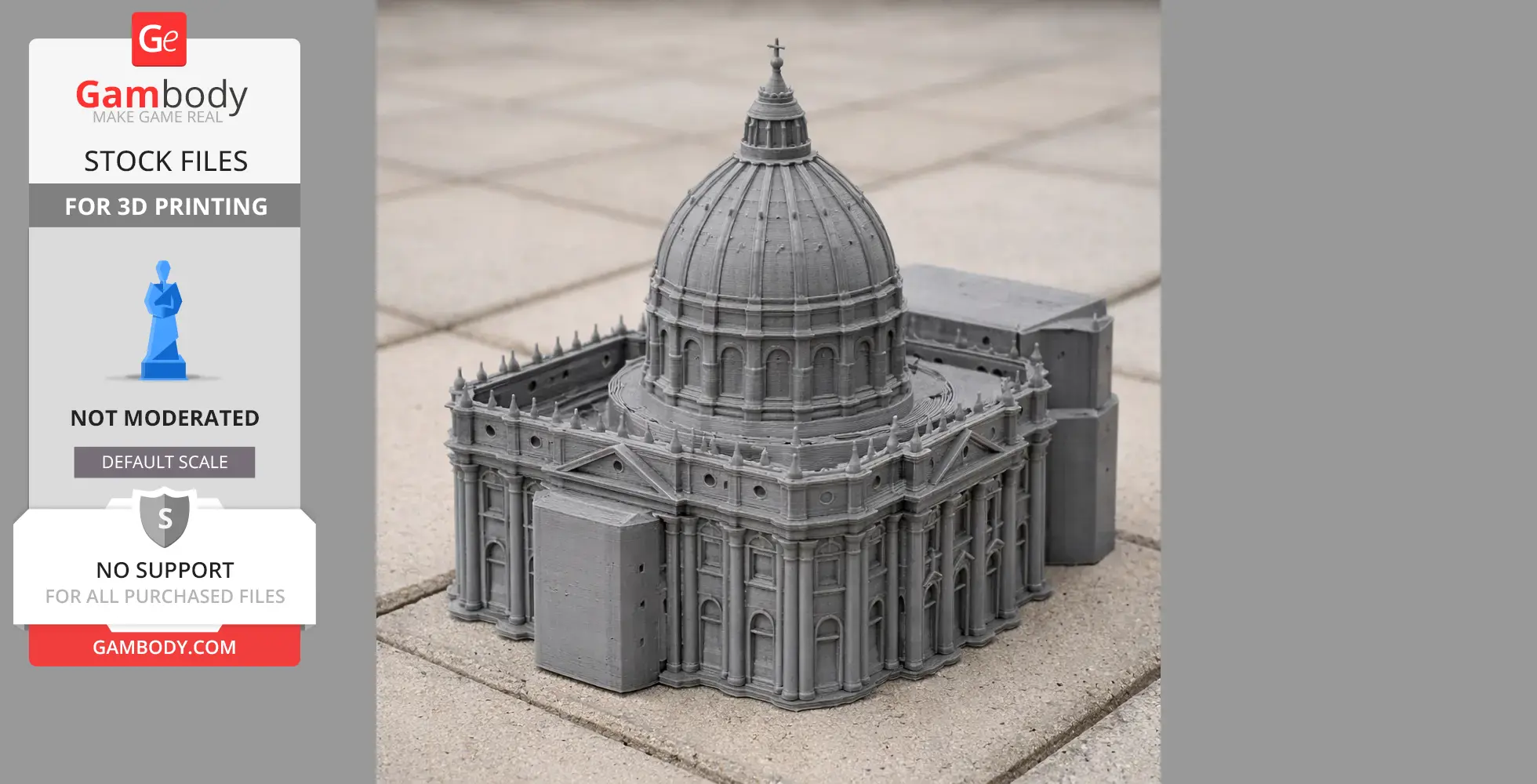 A detailed 3D-printed model of St. Peter's Basilica with its iconic dome, displayed on a tiled surface.