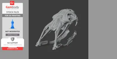 3D model of a snake skull with detailed fangs and jaw, designed for 3D printing.
