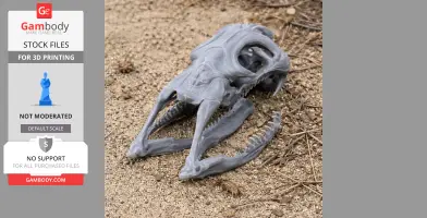 A detailed 3D-printed replica of a mamba skull, placed on sandy ground.