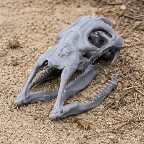 3D-printed replica of a mamba skull with detailed fangs and cranial features on sandy ground.