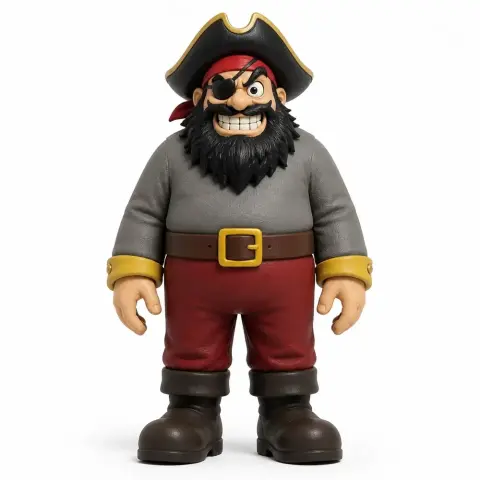 Pirate character with eyepatch, bushy beard, tricorn hat, red pants, and grey shirt, ready for 3D printing.