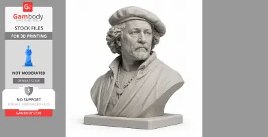 Sculpted bust of a historical warrior wearing a beret, detailed facial features and clothing.