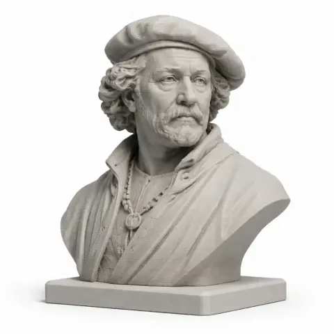 A detailed 3D bust of a historical male figure in a beret, with curly hair and a textured cloak.