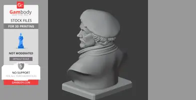 3D printed bust of a historical warrior, wearing a cap and cloak, on a square base.