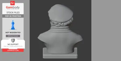 A 3D-printed bust viewed from the back, wearing a cap, scarf, and displayed on a rectangular base.
