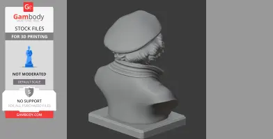 3D bust of a historical figure wearing a beret, viewed from the back on a square base.