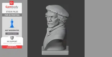3D model of a historical warrior bust wearing a beret, detailed facial features, and draped clothing.