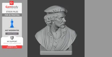 3D bust of a historical warrior with a beard, wearing a hat and detailed clothing, suitable for printing.