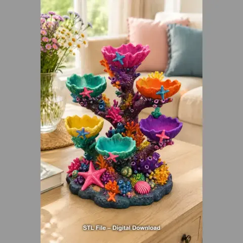 Colorful coral reef tree organizer with vibrant starfish and shells, designed for 3D printing.