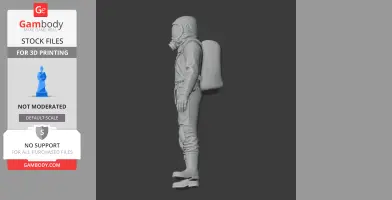 Side view of a 3D model scientist in a hazmat suit with a gas mask and backpack, ready for 3D printing.