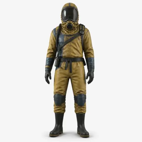 A 3D model of a figure in a yellow hazmat suit with a gas mask, ready for 3D printing.