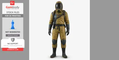 A 3D model of a figure in a yellow and black hazmat suit with a helmet and gas mask.