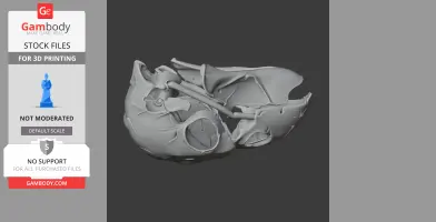 A detailed 3D model of a stylized skull replica, showing intricate textures and structures.