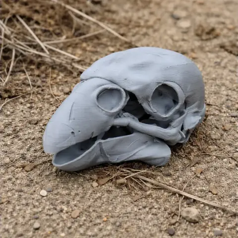 3D-printed bird skull replica on sandy ground, realistic design and detail.