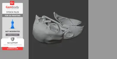 A 3D printable STL file of a stylized skull with large eye sockets and detailed surface cracks.