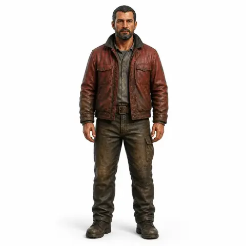 A rugged figurine of a man in a red jacket and jeans, featuring realistic details for 3D printing.