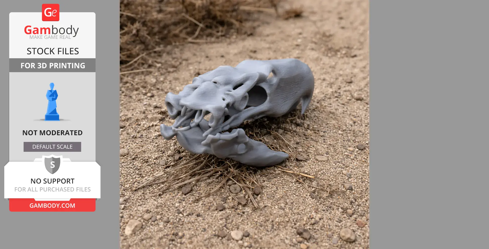 A detailed 3D-printed Kelenken guillermoi skull replica, displayed on a sandy ground.