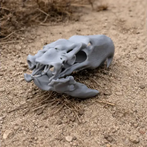 3D printed Kelenken guillermoi skull replica resting on dirt with dry grass.