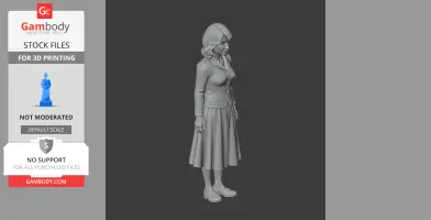 A 3D model of a woman with wavy hair, wearing a cardigan and skirt, standing in a neutral pose.