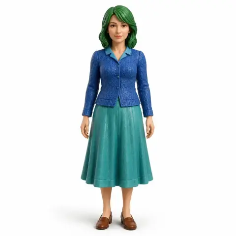 A 3D figurine of a woman with green hair, wearing a blue sweater and teal skirt.