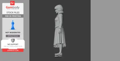 Side view of a 3D model of a woman in a dress and cardigan, designed for 3D printing.