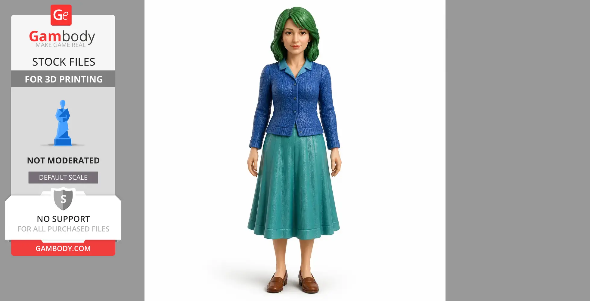 A 3D model of a woman in a blue cardigan and teal skirt, ready for 3D printing from Gambody.