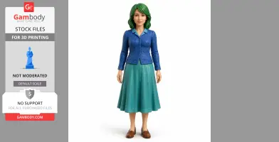 A 3D model of a woman in a blue cardigan and teal skirt, ready for 3D printing from Gambody.