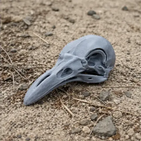 3D-printed King-of-Saxony bird-of-paradise skull replica resting on sandy ground.