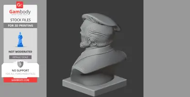 A 3D-printed bust of a man in a cap with detailed hair, beard, and clothing on a pedestal.
