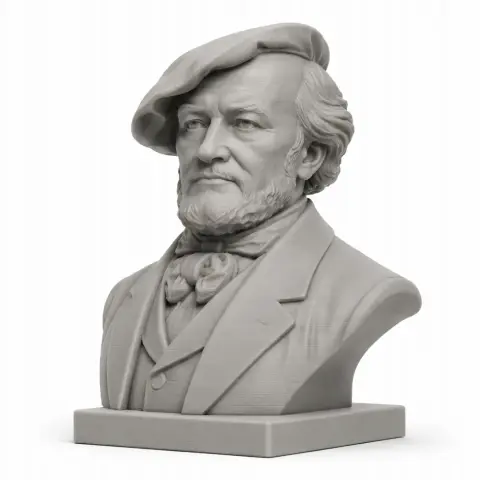 A detailed bust of a man wearing a beret and suit, with a thoughtful expression, on a square base.