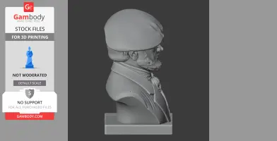 Side view of a 3D-printed bust depicting a man in historical attire with a hat and beard, on a base.