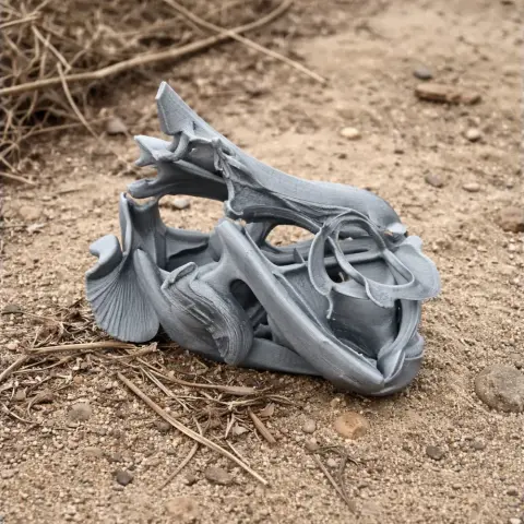 3D-printed knifefish skull replica, intricately detailed, resting on a sandy, textured surface.