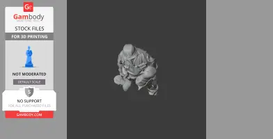 A 3D model of a WWII soldier in uniform, kneeling and holding a helmet.