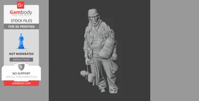 WWII soldier 3D model, in uniform and helmet, holding a grenade and gear. Ideal for 3D printing.